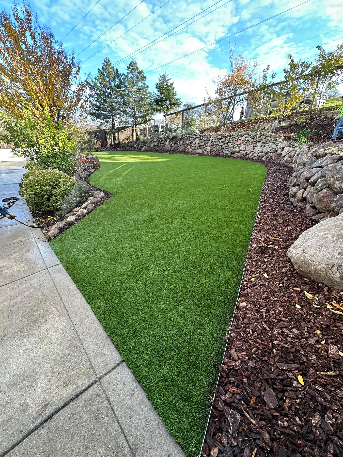 Fresh green turf with planting and boulders