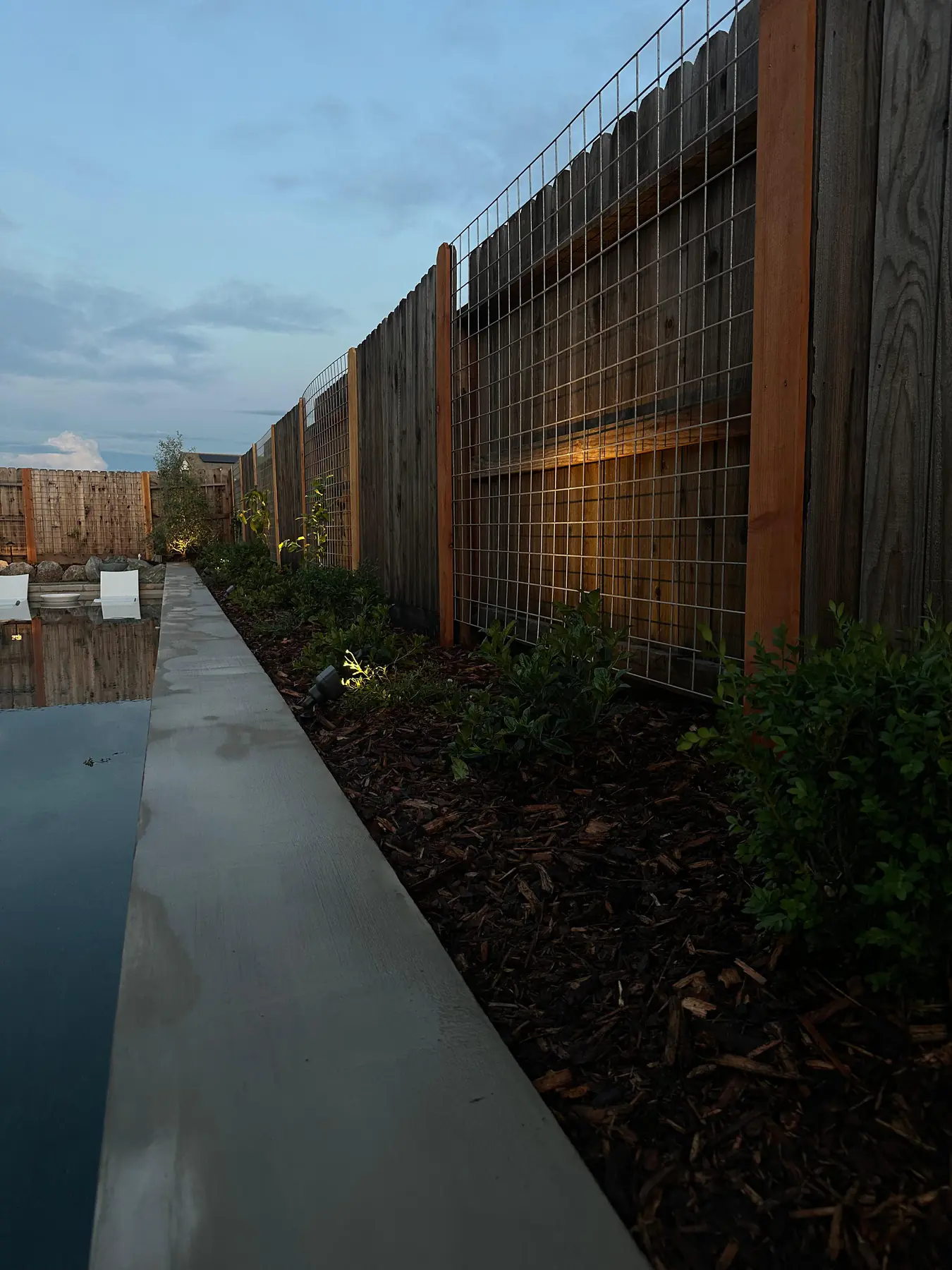 Fence line with planting and warm lighting at dusk