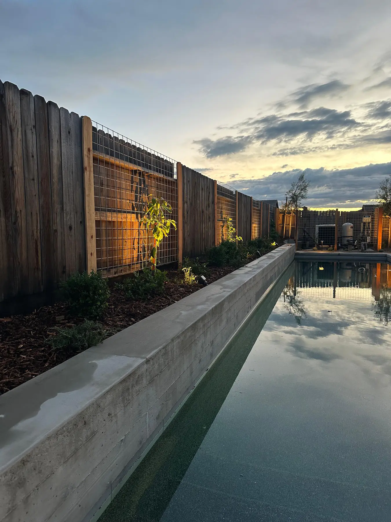 Long fence line with landscape lighting near pool