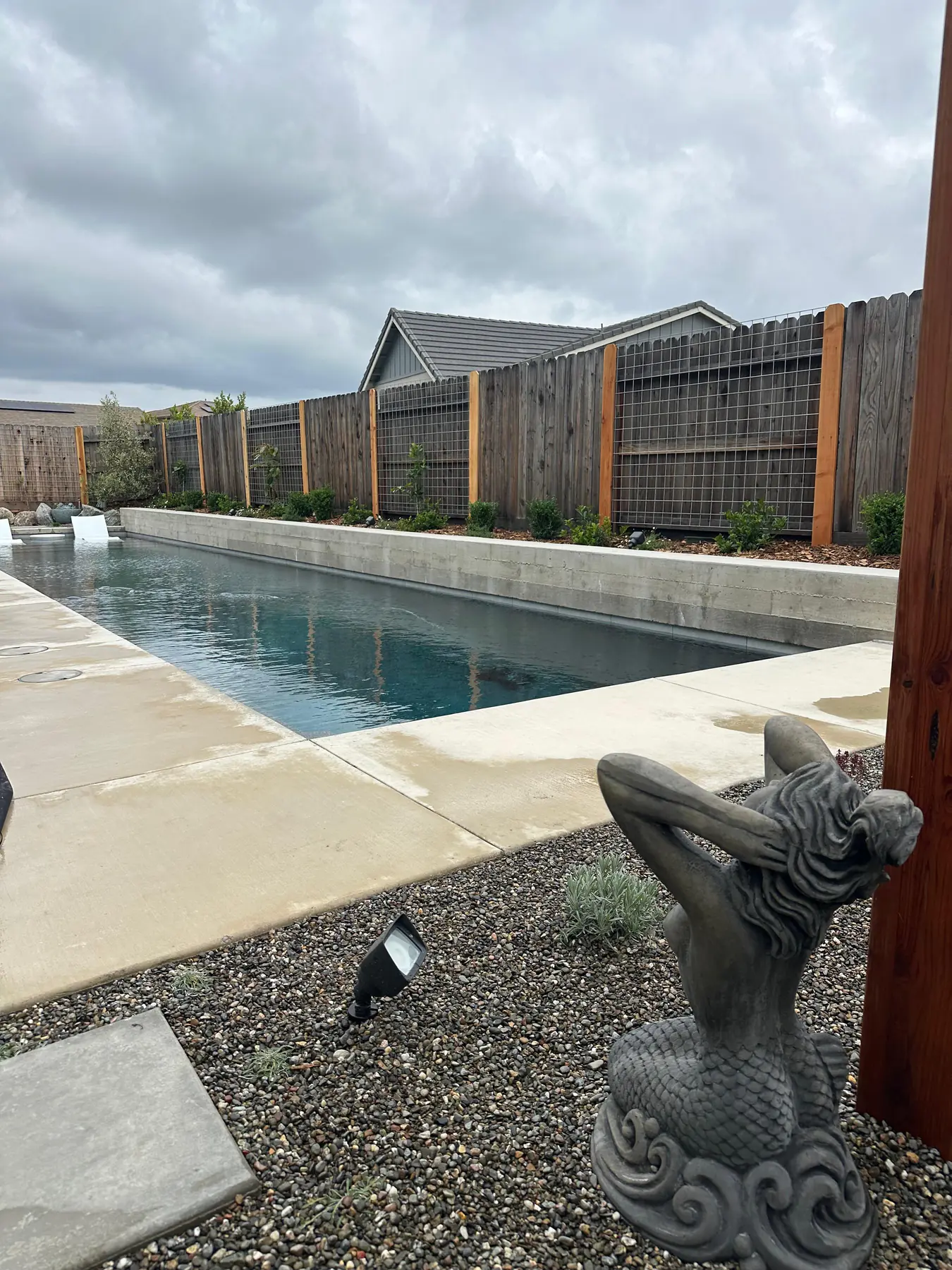 Pool edge, concrete patio, and decorative sculpture
